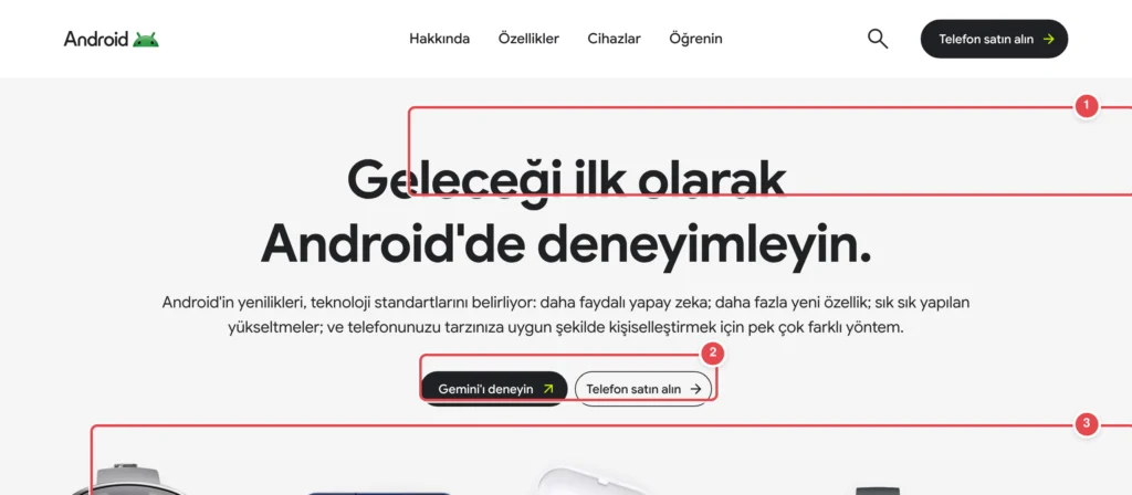 Türkçe: Android'in resmi tanıtım sayfası. Başlık 'Geleceği ilk olarak Android'de deneyimleyin' yazıyor. Açıklama metni, Android'in yenilikleri ve teknoloji standartlarını anlatıyor. İki buton var: 'Ge