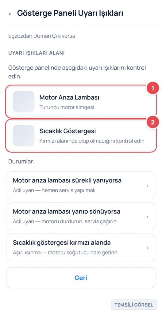 Temsili görsel: Araç gösterge paneli ekranı; işaretli: 1. Turuncu motor simgesi (Motor Arıza Lambası), 2. Sıcaklık göstergesi. Motor arıza lambası kırmızı çerçeveyle vurgulanmış.