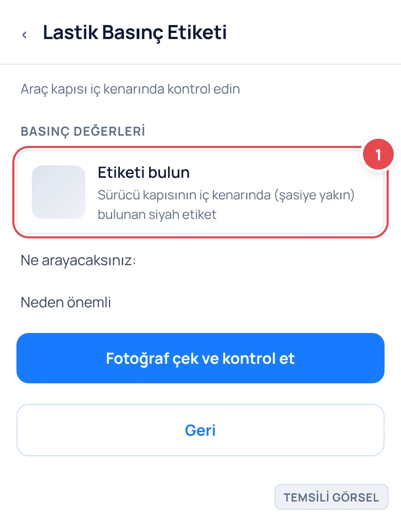 Temsili görsel: Araç kapısı iç kenarında bulunan lastik basınç etiketinin fotoğrafı; işaretli: 1. Siyah etiket (Basınç Değerleri)