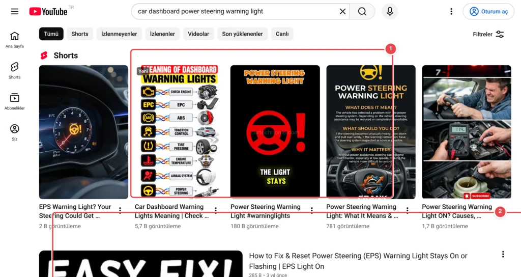 Türkçe: YouTube arama sonuçları - 'car dashboard power steering warning light' sorgusu. Görselde: 1) Üstte 5 kısa video - direksiyon uyarı ışıklarını gösteren gösterge paneli fotoğrafları ve infografi
