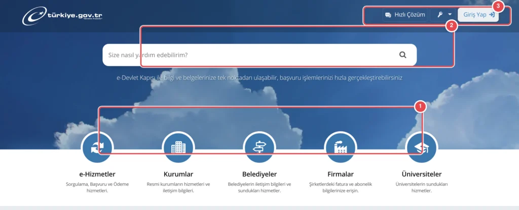 Türkçe: türkiye.gov.tr'nin giriş/ana sayfası, mavi gökyüzü arka planıyla. Üstte arama kutusu, ortada 5 ana hizmet kategorisinin ikon ve açıklaması, altta Atatürk portresi ve Digital@UNGA tanıtımı. İşa