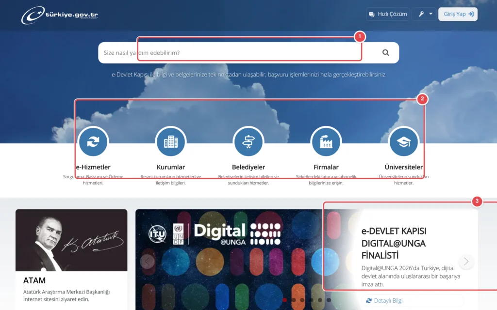 Türkçe: türkiye.gov.tr e-Devlet portalının ana sayfası. Üstte arama kutusu 'Size nasıl yardım edebilirim?' yazısıyla görülüyor. Ortada 5 ana işlem kategorisi simge ve başlıkla gösteriliyor: e-Hizmetle