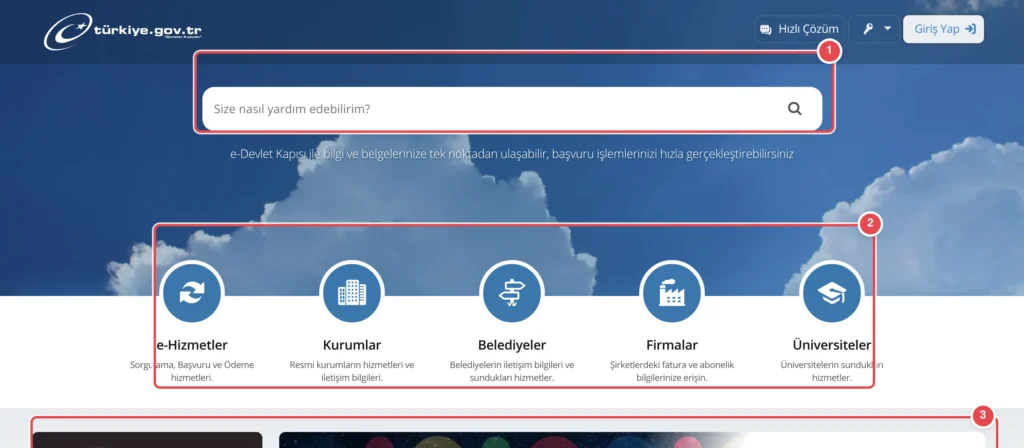 Türkiye.gov.tr ana sayfası: üst kısımda arama kutusu, ortada 5 ana hizmet kategorisinin ikon ve açıklamaları (e-Hizmetler, Kurumlar, Belediyeler, Firmalar, Üniversiteler), alt kısımda Atatürk portresi