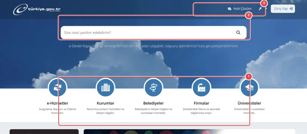 Türkçe: turkiye.gov.tr ana sayfası, mavi arka planda bulutlu gökyüzü, üstte arama kutusu, ortada 5 ana hizmet kategorisinin ikonları (e-Hizmetler, Kurumlar, Belediyeler, Firmalar, Üniversiteler), altt