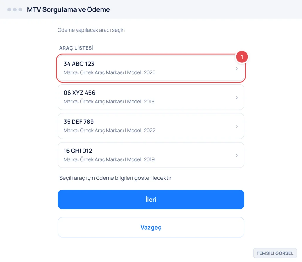 Temsili görsel: e-Devlet MTV Sorgulama ve Ödeme ekranı, Araç Listesi bölümü; dört plakadan oluşan liste gösterilmekte; işaretli: 1. 34 ABC 123 plakası seçili durumdadır