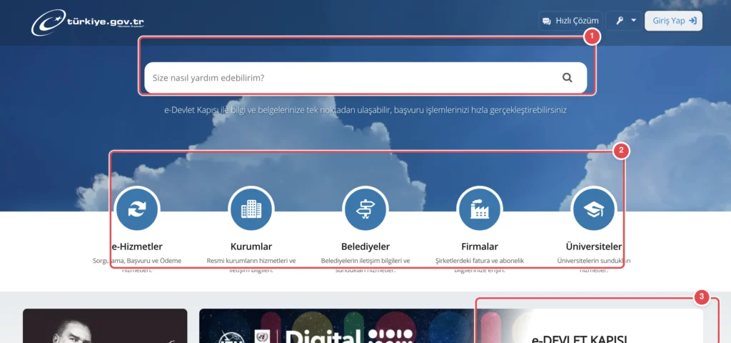 Türkçe: turkiye.gov.tr e-Devlet Kapısı ana sayfası. Mavi bulutlu arka plan, en üstte 'Size nasıl yardım edebilirim?' arama kutusu. Altında 5 ana hizmet kategorisi: e-Hizmetler, Kurumlar, Belediyeler,