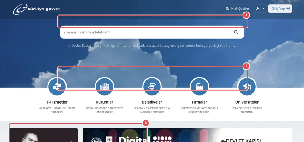 Türkçe: turkiye.gov.tr e-Devlet Kapısı ana sayfası. Üstte mavi başlık, orta bölümde büyük arama kutusu (Size nasıl yardım edebilirim?), altında 5 adet dairesel ikonla temsil edilen hizmet kategorileri