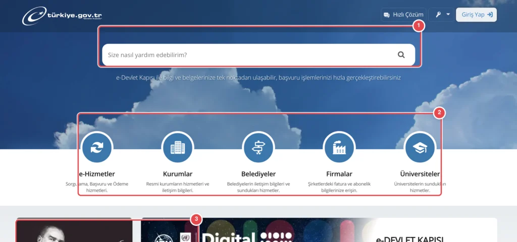 Türkiye.gov.tr e-Devlet Kapısı ana sayfası. Üstte 'Hızlı Çözüm' ve 'Giriş Yap' butonları, ortada 'Size nasıl yardım edebilirim?' arama kutusu, altında 5 ana kategori ikonu (e-Hizmetler, Kurumlar, Bele