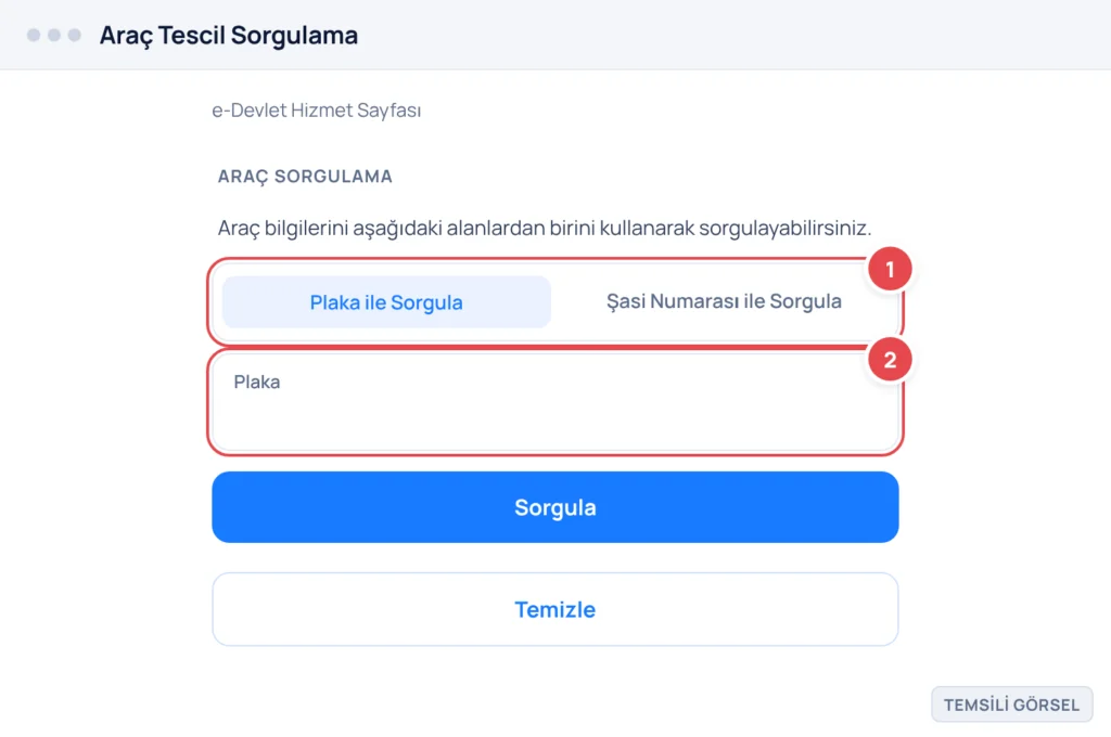Temsili görsel: e-Devlet Araç Tescil Sorgulama sayfası; işaretli: 1. Plaka ile Sorgula sekmesi, 2. Plaka giriş alanı, 3. Sorgula butonu