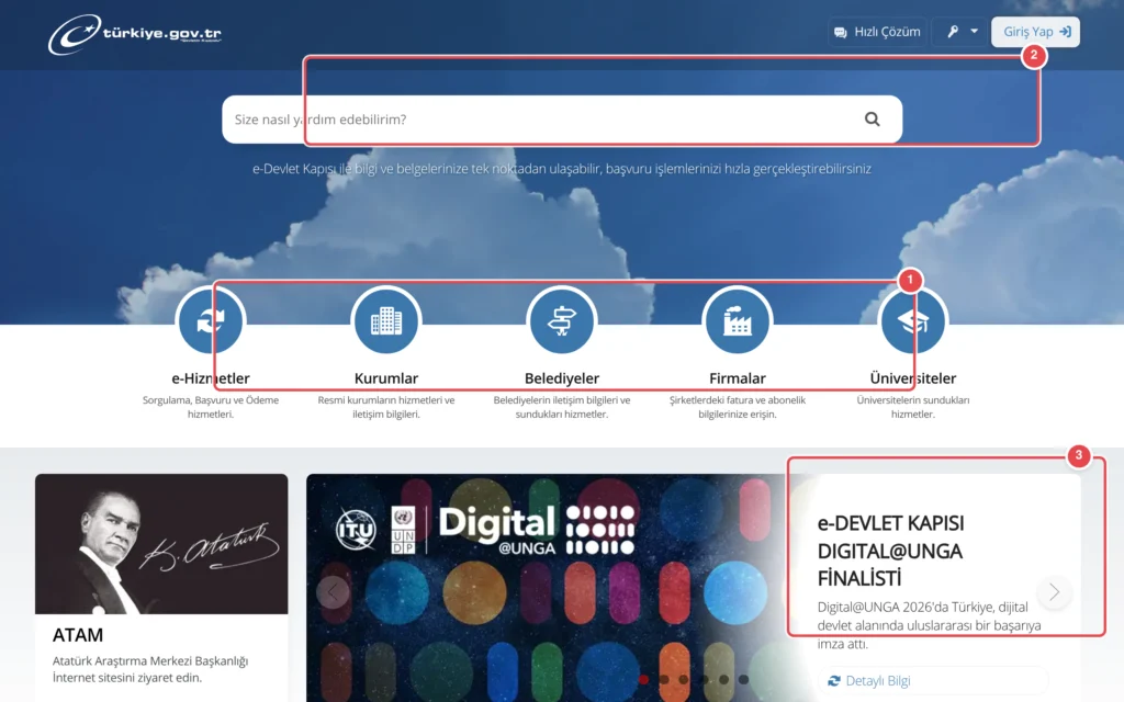 Türkçe: Türkiye e-Devlet Kapısı ana sayfası. Üst kısımda logo ve giriş yap düğmesi, orta bölümde "Size nasıl yardım edebilirim?" arama kutusu, altında bulut görselli arka plânda 5 ana hizmet kategoris