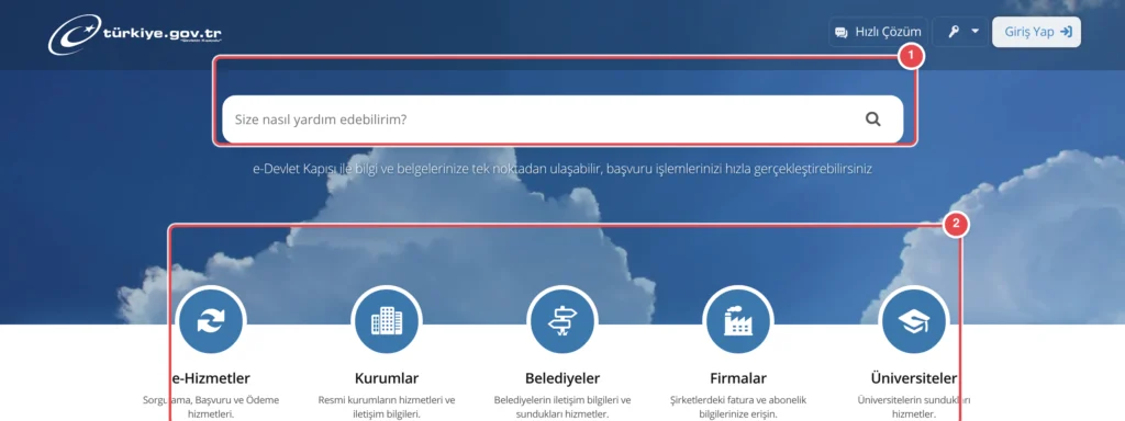 Türkçe: turkiye.gov.tr ana sayfası; arama çubuğu görünür, altında 5 ana hizmet kategorisinin simgeleri (e-Hizmetler, Kurumlar, Belediyeler, Firmalar, Üniversiteler) ve açıklamaları görülmektedir; işar