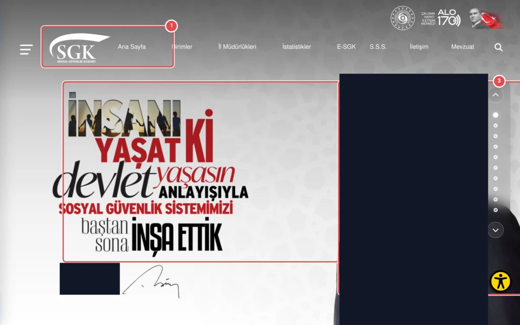 Türkçe: SGK resmi web sitesi ana sayfası. Sol tarafta SGK logosu ve navigasyon menüsü görülmektedir. Ortada 'İnsanı Yaşat Devlet' sloganı ve 'Yasasının Yasasın Anlayışıyla Sosyal Güvenlik Sistemimizi
