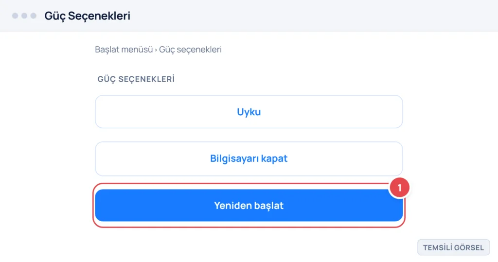 Temsili görsel: Windows 11 Güç Seçenekleri menüsü; işaretli: 1. Yeniden başlat düğmesi