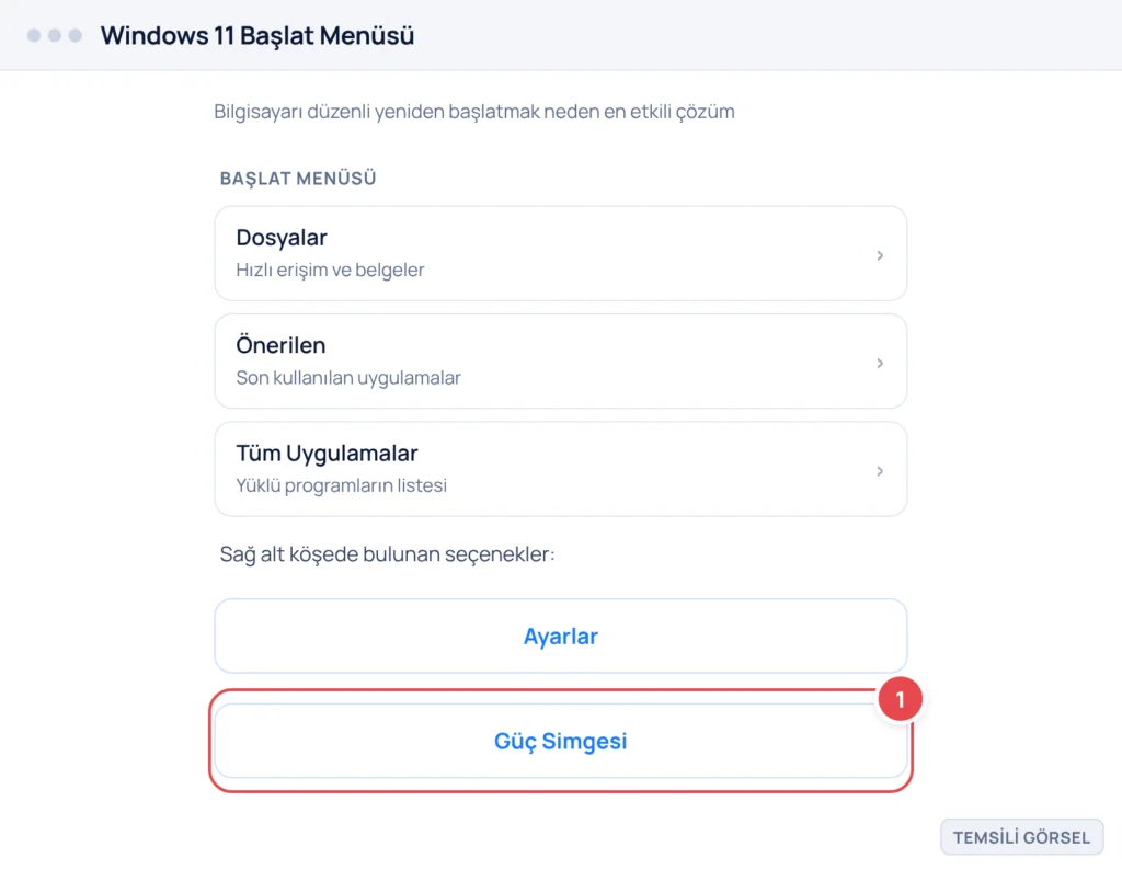 Temsili görsel: Windows 11 Başlat menüsü açık durumda; sağ alt köşede Güç simgesi (daire içinde güç ikonu) işaretli gösterilir. Menüde Dosyalar, Önerilen ve Tüm Uygulamalar bölümleri görülür.
