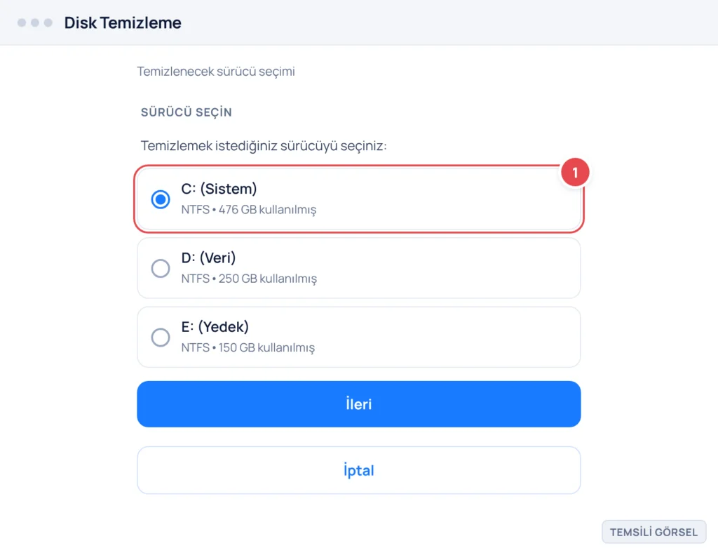 Temsili görsel: Windows 11 Disk Temizleme sürücü seçim penceresi; işaretli: 1. C: (Sistem) sürücüsü seçili durumda gösterilmiştir.