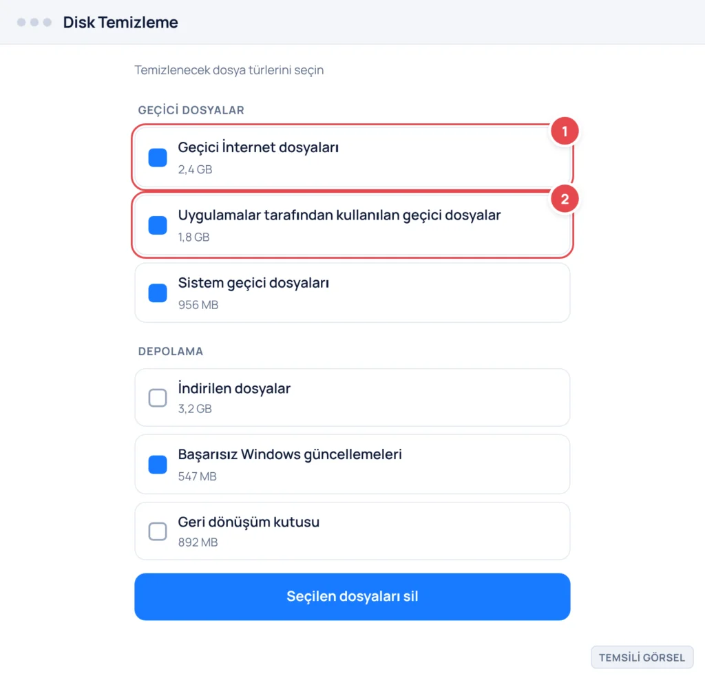 Temsili görsel: Windows 11 Disk Temizleme penceresinin dosya listesi; işaretli: 1. Geçici İnternet dosyaları (işaretli), 2. Uygulamalar tarafından kullanılan geçici dosyalar (işaretli)