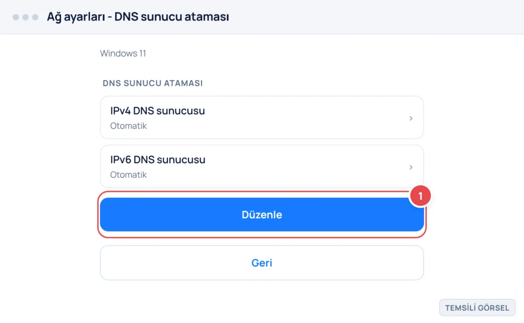 Temsili görsel: Windows 11 Ağ ayarları ekranı; DNS sunucu ataması bölümü açılmış, IPv4 ve IPv6 satırları görülüyor, "Otomatik" ayarı atanmış. İşaretli: 1. Düzenle butonu (ana eylem)