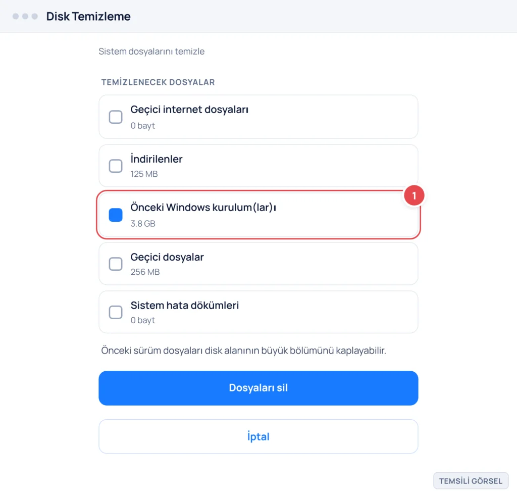 Temsili görsel: Windows 11 Disk Temizleme ekranı; işaretli: 1. 'Önceki Windows kurulum(ları)' satırının checkbox'ı (3.8 GB)