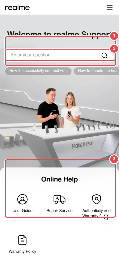 Türkçe: Realme Support ana sayfası. Üstte 'Welcome to realme Support' başlığı, ortada 'Enter your question' arama kutusu ve önerilen başlıklar, altta mağaza görseli (iki kişi telefon gösteriyor) ve 'O