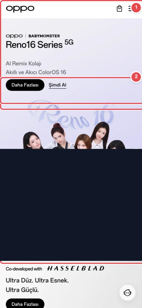 Türkçe: OPPO ürünleri tanıtım sayfası. Üst kısımda BABYMONSTER kolaborasyonuyla Reno16 Series 5G ve AI Remix Kolajı özellikleri, ortada kız grup fotoğrafı ve beyaz telefon görseli. Alt kısımda OPPO Fi