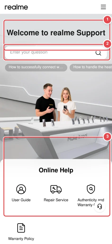 Türkçe: Realme destek sayfası gösteriliyor. Üstte 'Welcome to realme Support' başlığı, ortada arama kutusu ve önerilen konular (Wi-Fi bağlantısı, ısınma sorunu), altta ise bir telefon mağazası fotoğra