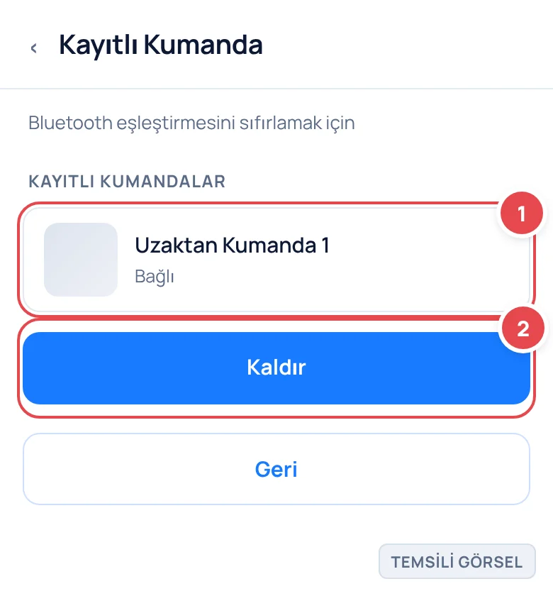 Temsili görsel: TV ayarlarında Kayıtlı Kumanda ekranı; işaretli: 1. Listelenen kumanda kartı, 2. Kaldır düğmesi