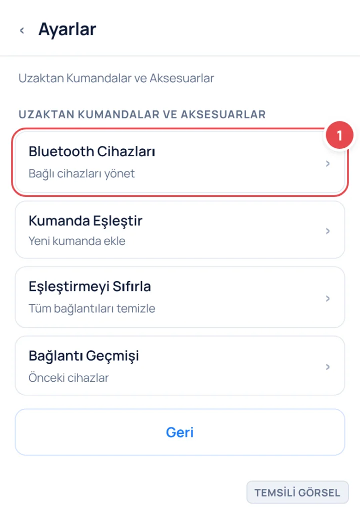 Temsili görsel: Akıllı TV ayarlar ekranı; 'Uzaktan Kumandalar ve Aksesuarlar' başlığı altında kumanda yönetimi seçenekleri listeleniyor; işaretli: 1. 'Bluetooth Cihazları' satırı