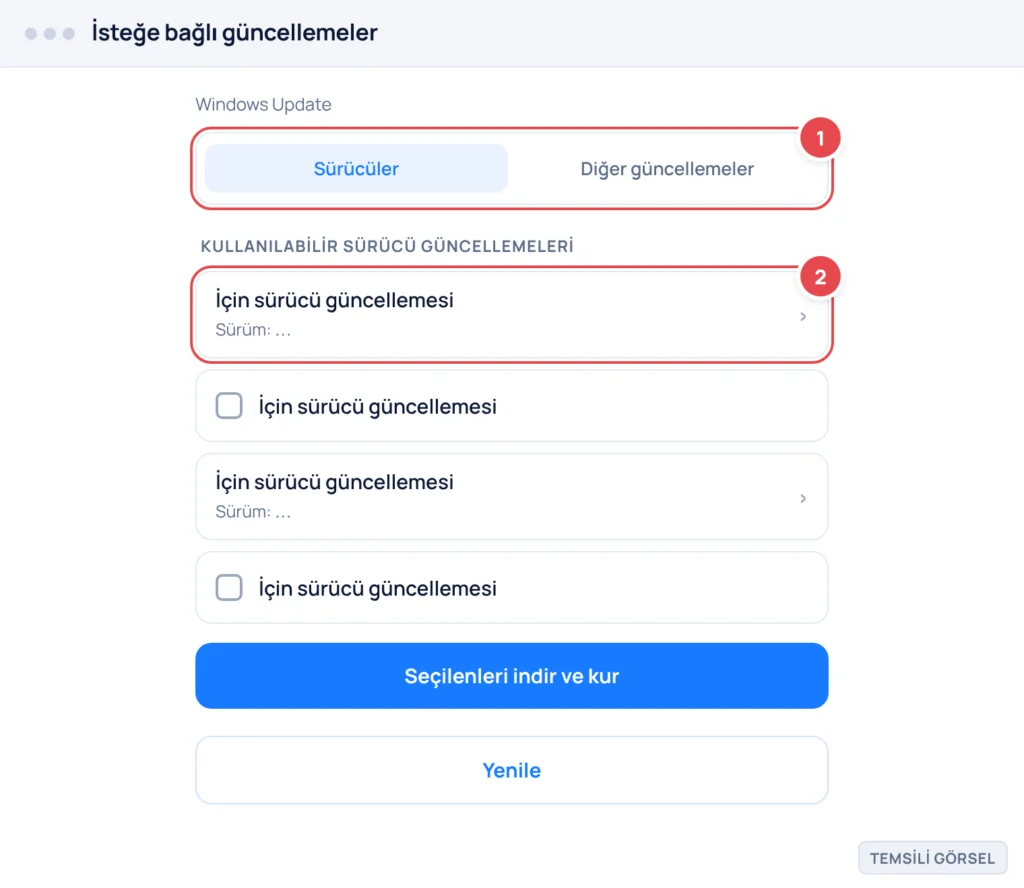 Temsili görsel: Windows 11 İsteğe bağlı güncellemeler ekranı; Sürücüler sekmesi açık; en az iki sürücü satırı listelenmektedir; işaretli: 1. Sürücüler sekmesi etiketi
