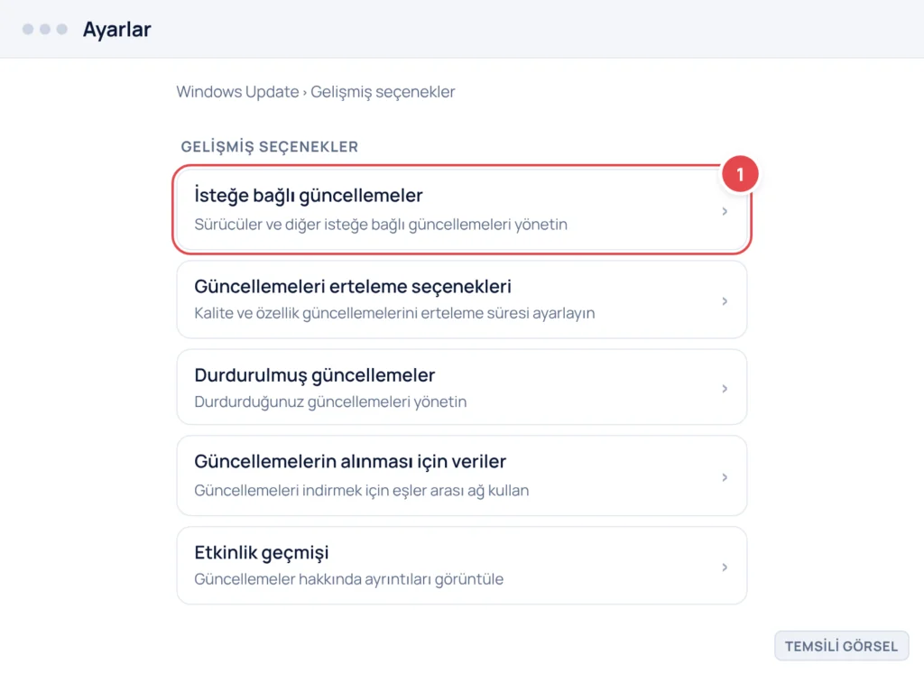 Temsili görsel: Windows 11 Ayarlar uygulamasının Gelişmiş seçenekler ekranı; işaretli: 1. İsteğe bağlı güncellemeler satırı (dokunulacak öğe)