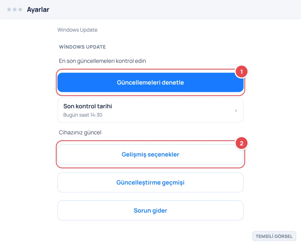 Temsili görsel: Windows 11 Ayarlar › Windows Update ekranı; işaretli: 1. Güncellemeleri denetle düğmesi, 2. Gelişmiş seçenekler bağlantısı