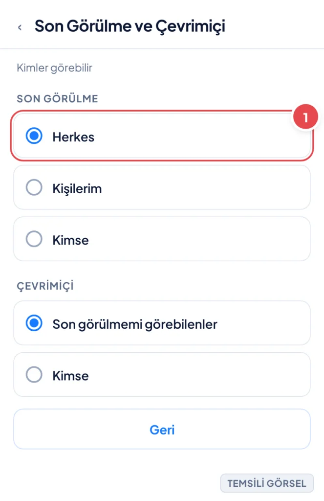 Temsili görsel: WhatsApp Android uygulamasında Gizlilik bölümü altında Son Görülme ve Çevrimiçi ayarları ekranı; üstte Son görülme başlığı altında Herkes, Kişilerim, Kimse seçeneklerinden oluşan radyo