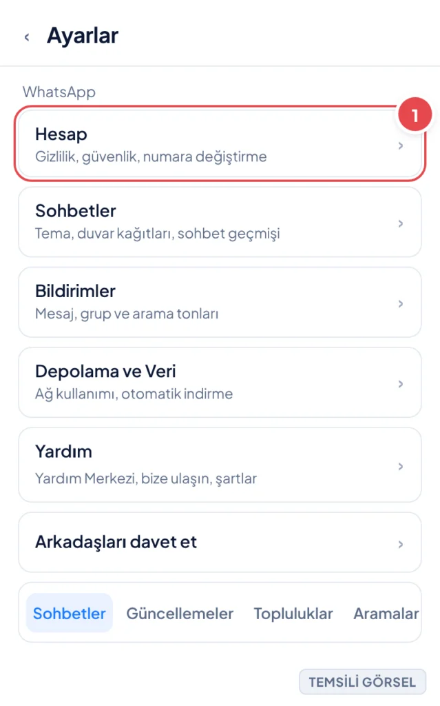 Temsili görsel: WhatsApp Ayarlar ekranı; üstte Hesap, Sohbetler, Bildirimler, Depolama ve Veri, Yardım, Arkadaşları davet et satırları, altta sekme çubuğunda Ayarlar seçili durumda; işaretli: 1. Hesap