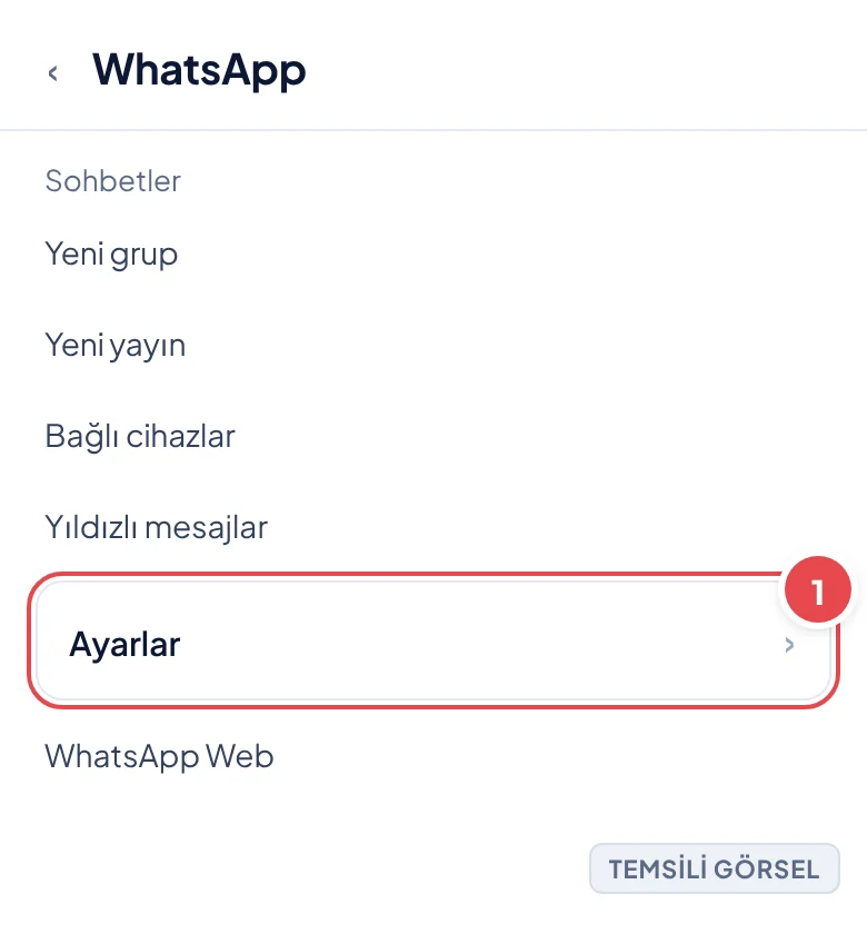 Temsili görsel: WhatsApp Android uygulamasında sağ üst köşedeki üç nokta menüsü açılmış, açılan liste içinde Yeni grup, Yeni yayın, Bağlı cihazlar, Yıldızlı mesajlar, Ayarlar ve WhatsApp Web seçenekle