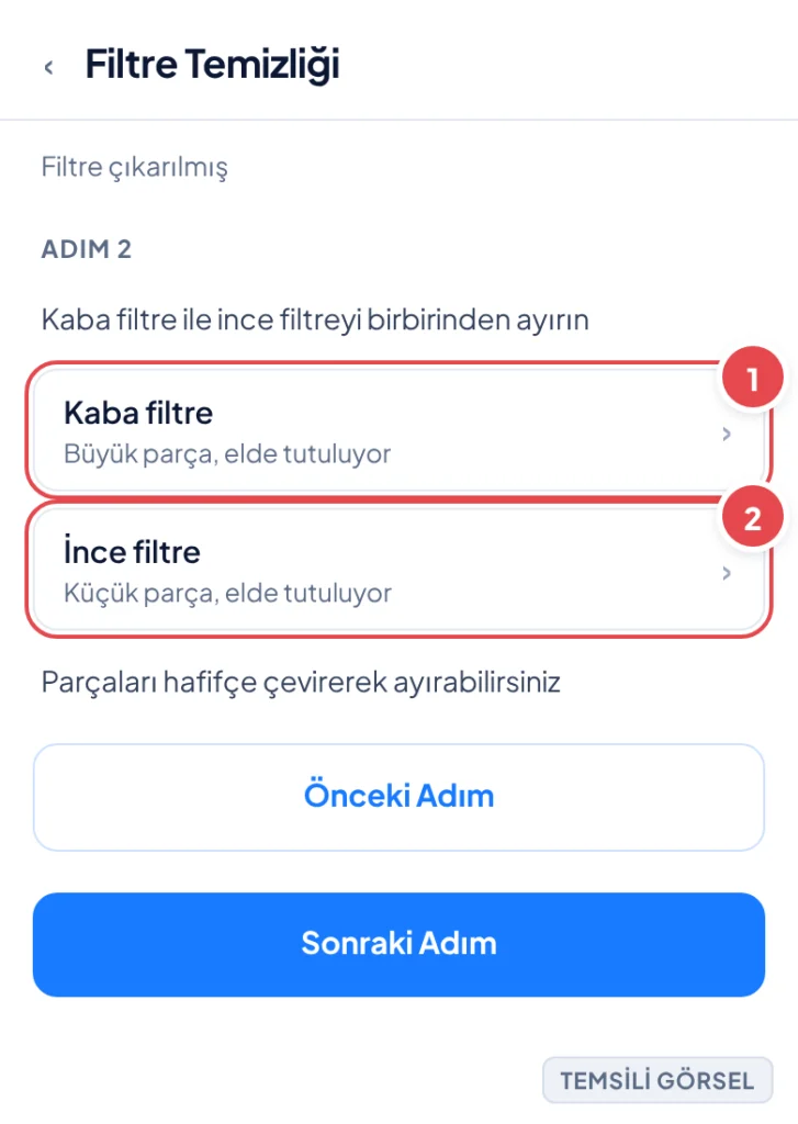 Temsili görsel: Elde tutulan bulaşık makinesi filtresi, kaba filtre ve ince filtre birbirinden ayrılmış hâlde yan yana gösteriliyor; işaretli: 1. Kaba filtre, 2. İnce filtre