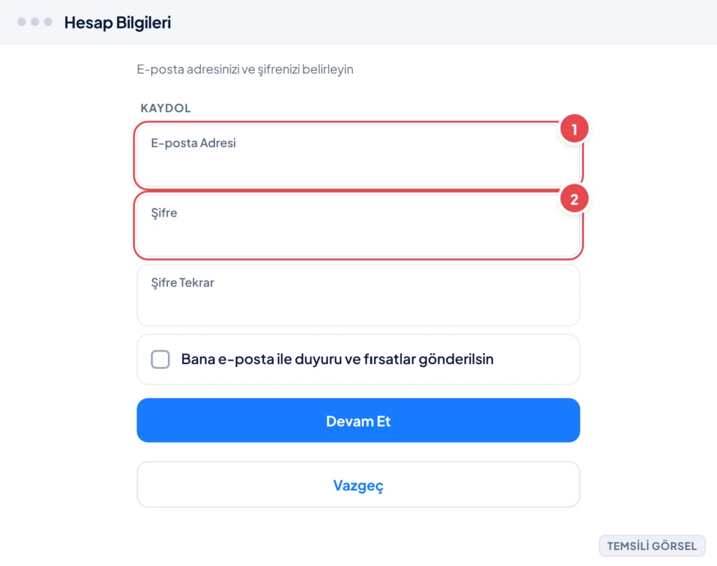 Temsili görsel: Epic Games Store kaydol formu ekranı; işaretli: 1. E-posta Adresi alanı, 2. Şifre ve Şifre Tekrar alanları