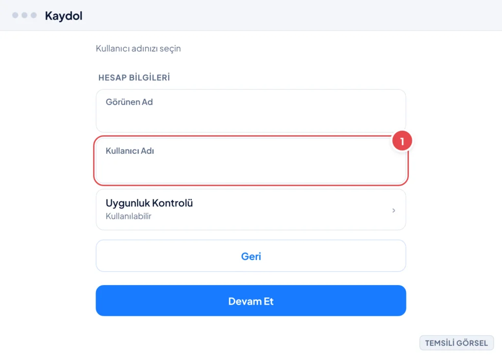 Temsili görsel: Epic Games Store kaydol ekranı, kullanıcı adı adımı; Görünen Ad ve Kullanıcı Adı giriş alanları, altında uygunluk kontrolü satırı ve Devam Et düğmesi görünüyor; işaretli: 1. Görünen Ad