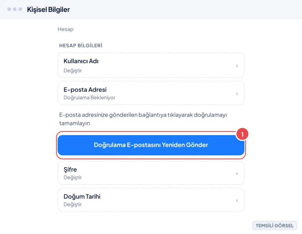 Temsili görsel: Epic Games hesap Kişisel Bilgiler ekranı; e-posta adresi satırında 'Doğrulama Bekleniyor' uyarısı görünüyor; işaretli: 1. Doğrulama E-postasını Yeniden Gönder düğmesi