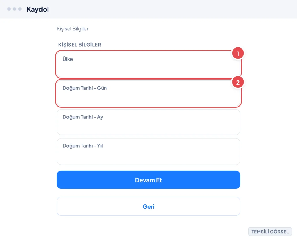 Temsili görsel: Epic Games hesap kaydı ekranında Kişisel Bilgiler formu; boş Ülke seçimi ve boş Doğum Tarihi (Gün, Ay, Yıl) alanları görünüyor; işaretli: 1. Ülke seçim alanı, 2. Doğum Tarihi gün alanı