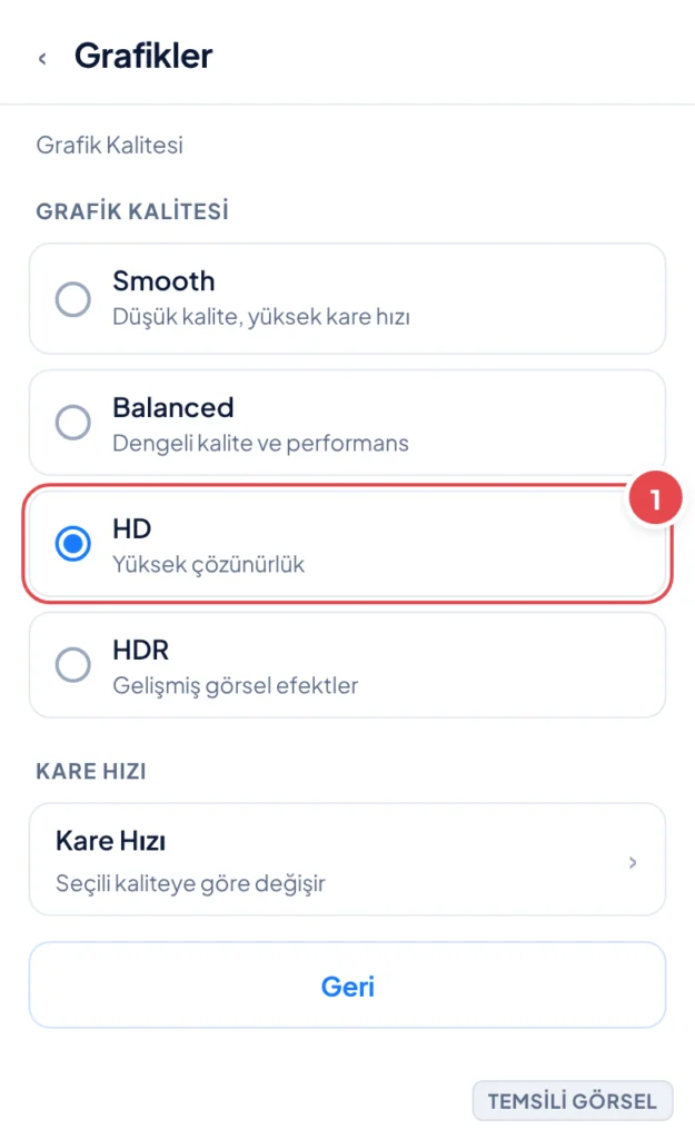 Temsili görsel: PUBG Mobile Grafikler ayarları ekranı; Grafik Kalitesi başlığı altında Smooth, Balanced, HD ve HDR seçeneklerinin bulunduğu radyo düğmesi listesi, altında Kare Hızı bölümü ve Geri düğm