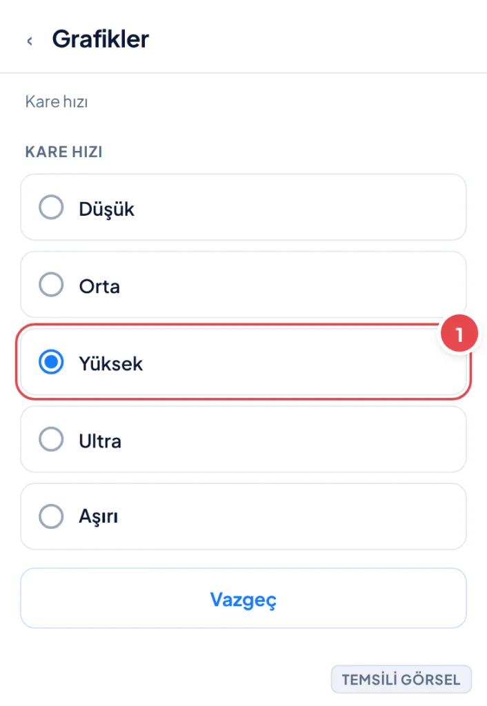 Temsili görsel: PUBG Mobile Ayarlar > Grafikler > Kare hızı listesi ekranı; Düşük, Orta, Yüksek, Ultra, Aşırı seçeneklerinin yer aldığı radyo düğmeli bir liste görünüyor; işaretli: 1. Yüksek seçeneği