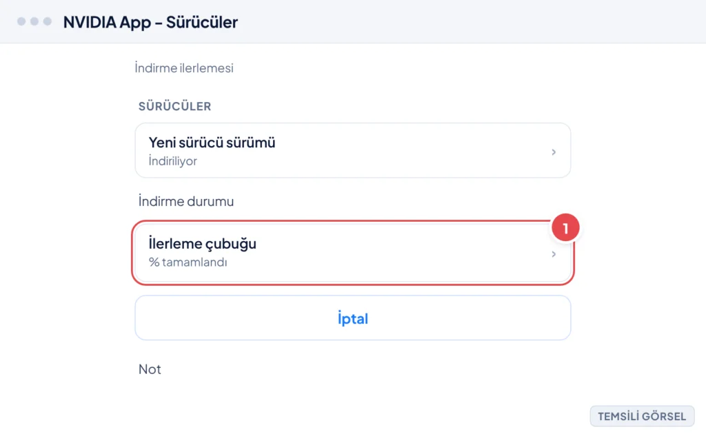 Temsili görsel: NVIDIA App uygulamasında Sürücüler bölümünde sürücü dosyasının indirildiği, ilerleme çubuğunun göründüğü ekran; işaretli: 1. İlerleme çubuğu