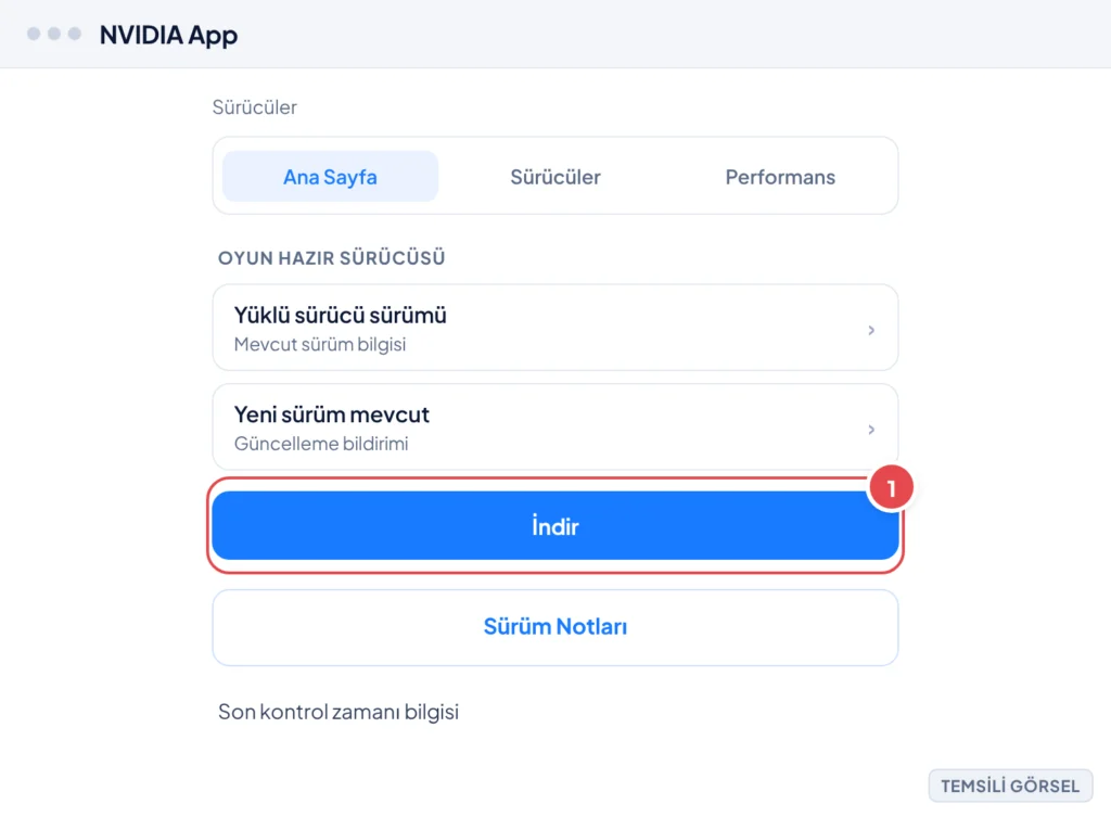 Temsili görsel: NVIDIA App uygulamasında Sürücüler sekmesi açık; mevcut sürücü sürümü ve yeni sürüm bildirimi listelenmiş, İndir düğmesi öne çıkıyor. İşaretli: 1. İndir düğmesi