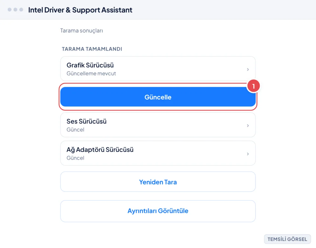Temsili görsel: Intel Driver & Support Assistant tarama sonuçları ekranı; grafik sürücüsü satırında güncelleme mevcut bilgisi ve yanında Güncelle butonu görünüyor, altında ses ve ağ adaptörü sürücüler