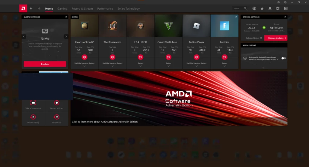 AMD Software: Adrenalin Edition arayüzü, sağ üst köşede Driver & Software bölümünde mevcut sürücü sürümü (25.6.2), güncel durumu ve Manage Updates butonu görünüyor