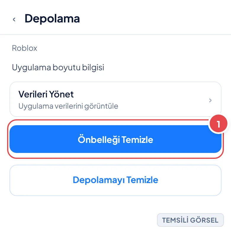 Temsili görsel: Ayarlar uygulaması içinde Roblox uygulamasının Depolama ekranı; uygulama boyutu bilgisi, Verileri Yönet satırı, Önbelleği Temizle butonu ve Depolamayı Temizle butonu görünüyor; işaretl