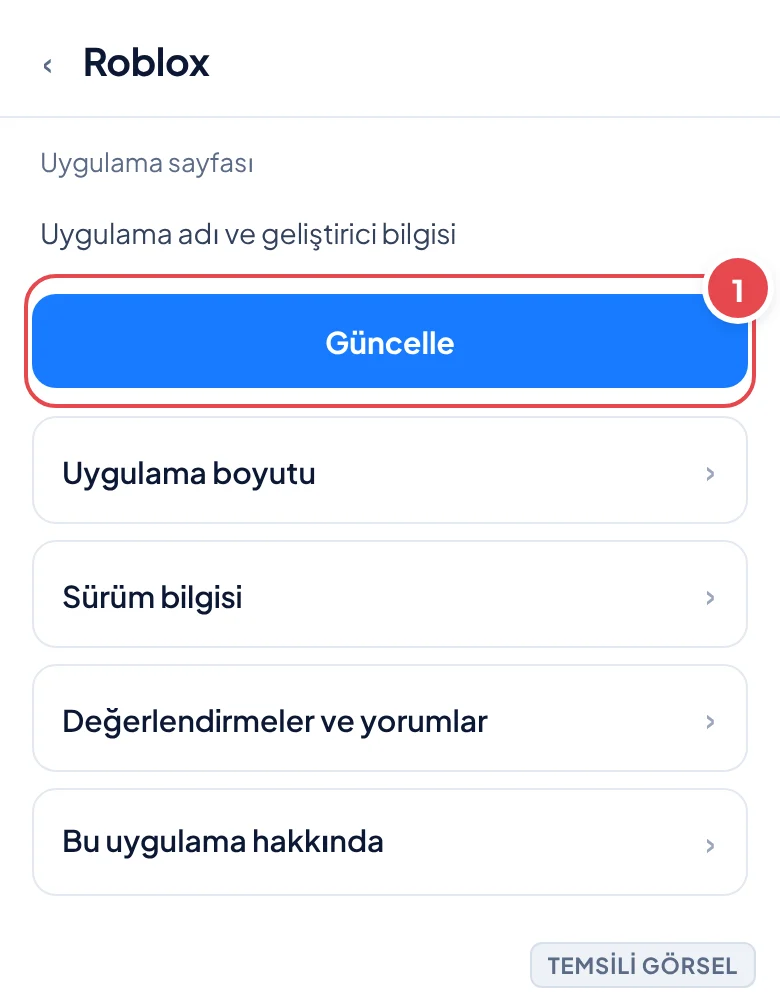 Temsili görsel: Play Store'da Roblox uygulama sayfası ekranı; üstte uygulama adı ve geliştirici bilgisi, altında Güncelle butonu, uygulama boyutu, sürüm bilgisi, değerlendirmeler ve uygulama hakkında