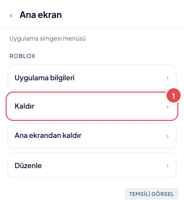 Temsili görsel: Ana ekranda Roblox uygulama simgesine basılı tutulmuş, açılan menüde seçeneklerin listelendiği an; işaretli: 1. Kaldır