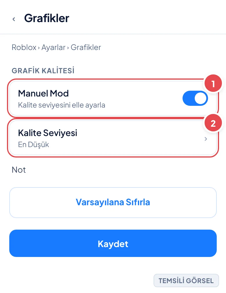 Temsili görsel: Roblox Grafikler ayarları ekranı; Manuel Mod açık, Kalite Seviyesi en düşük konumda; işaretli: 1. Manuel Mod açma anahtarı, 2. Kalite Seviyesi kaydırıcısı en düşük seviyede
