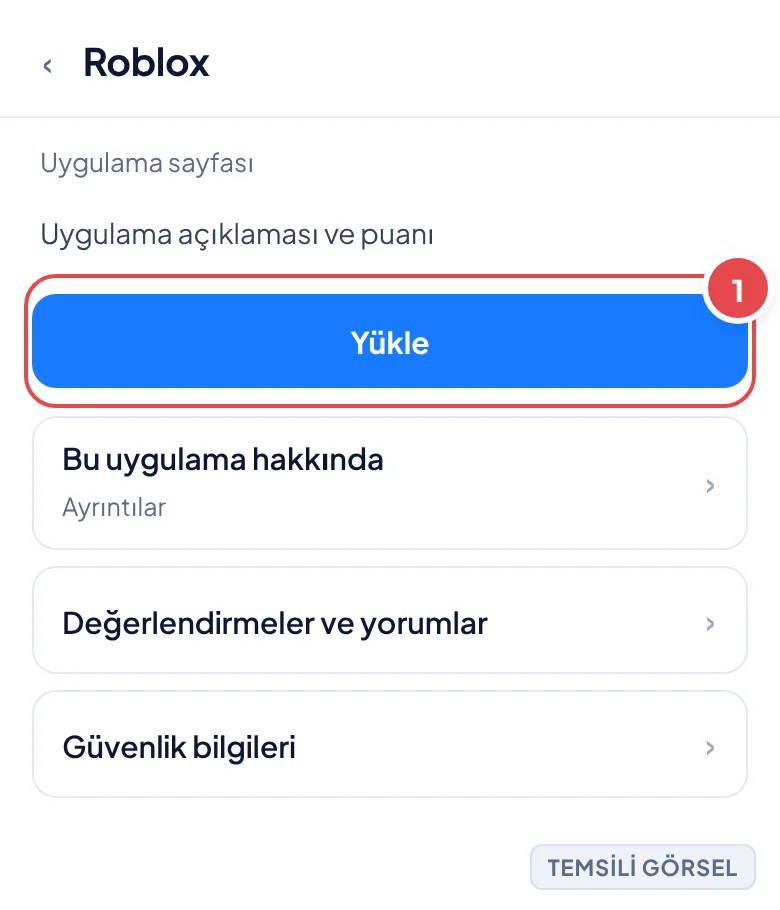 Temsili görsel: Play Store'da Roblox uygulama sayfası ekranı; işaretli: 1. Yükle butonu