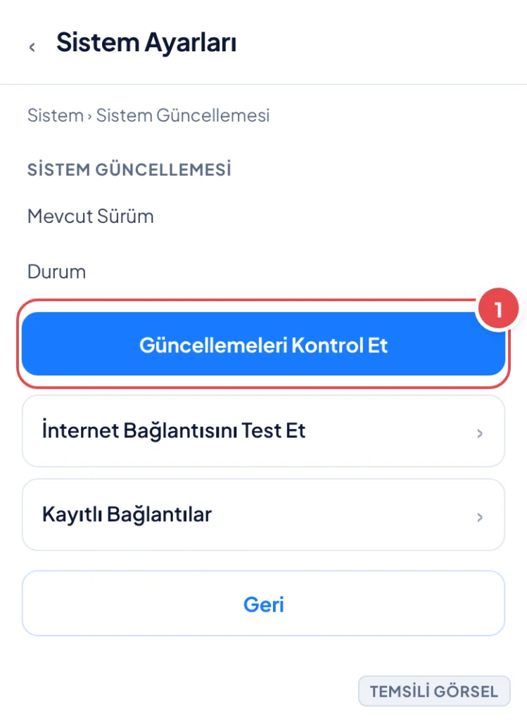 Temsili görsel: Nintendo Switch sistem yazılımı güncelleme ekranı; mevcut sürüm numarası ve güncelleme kontrol sonucu alanları görünüyor; işaretli: 1. Güncellemeleri Kontrol Et düğmesi